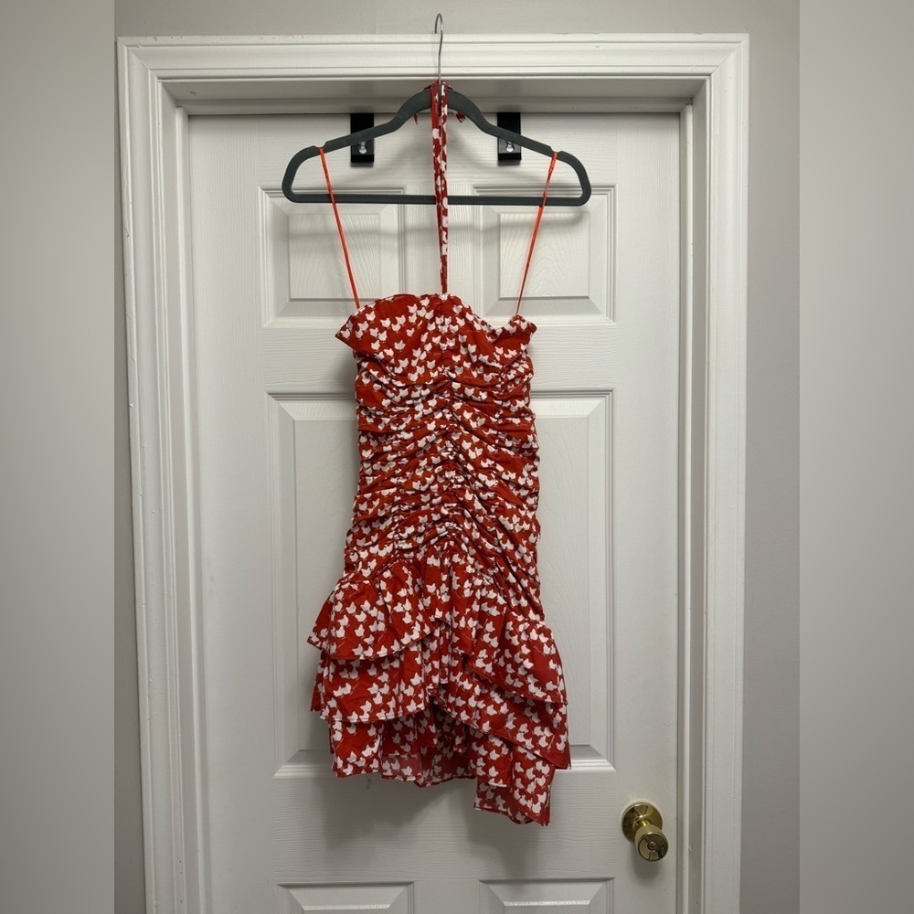Fiorucci Women’s Red White Chicken Print Ruched Mini Dress Halter Size 42
